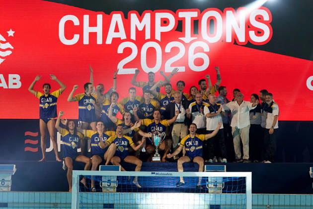 Zodiac CNAB players and staf react in celebration after winning the European Aquatics Men™s Water polo, Wasserball Champions League gold‘medal match against Pro Recco at the National Pool, Tal‘Qroqq, Malta, on 13 June 2026. Zodiac CNAB v Pro Recco - Men™s Water Polo Men Champions League 2026 Final; EA_CL_2026_MLT