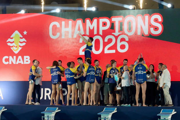 Zodiac CNAB players and staff react in celebration after winning the European Aquatics Men™s Water polo, Wasserball Champions League gold‘medal match against Pro Recco at the National Pool, Tal‘Qroqq, Malta, on 13 June 2026. Zodiac CNAB v Pro Recco - Men™s Water Polo Men Champions League 2026 Final; EA_CL_2026_MLT