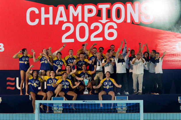 Zodiac CNAB players and staff react in celebration after winning the European Aquatics Men™s Water polo, Wasserball Champions League gold‘medal match against Pro Recco at the National Pool, Tal‘Qroqq, Malta, on 13 June 2026. Zodiac CNAB v Pro Recco - Men™s Water Polo Men Champions League 2026 Final; EA_CL_2026_MLT