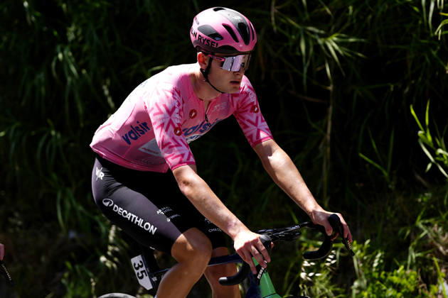 The pink jersey Norway s Kasper Haugland of Decathlon CMA CGM Development Team during Stage 2 of the Giro Next Gen 2026, from Tropea to Crotone, Italy, Monday, June 15, 2026.  Copyright: xFabioxFerrari LaPressex