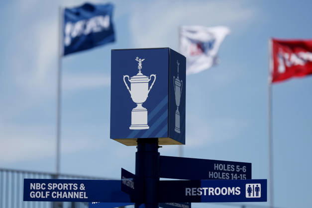 A U.S.Open Champion Trophy photo is displayed while players have a practice round on the Monday before the 126th U.S. Open Golf Championship at Shinnecock Hills Golf Club on Monday, June 15, 2026 in Southampton, New York.  NYP20260615310 JOHNxANGELILLO