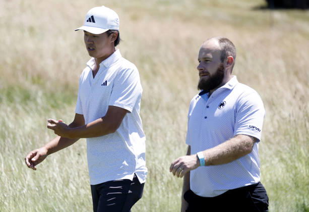 Brandon Wu and Tyrrell Hatton play a practice round on the Monday before the 126th U.S. Open Golf Championship at Shinnecock Hills Golf Club on Monday, June 15, 2026 in Southampton, New York.  NYP20260615311 JOHNxANGELILLO