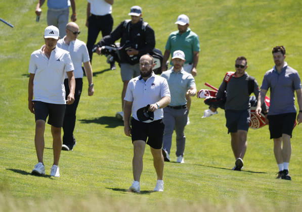 Brandon Wu and Tyrrell Hatton play a practice round on the Monday before the 126th U.S. Open Golf Championship at Shinnecock Hills Golf Club on Monday, June 15, 2026 in Southampton, New York.  NYP20260615312 JOHNxANGELILLO
