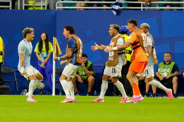 Maxi Araujo of Uruguay celebrates after scoring his teams first goal with his teammates during the 2026 FIFA World Cup Group H match between Saudi Arabia and Uruguay at Miami Stadium on June 15, 2026, in Miami, United States. Photo by Alex Gottschalk, DeFodi Images,detected_source_language