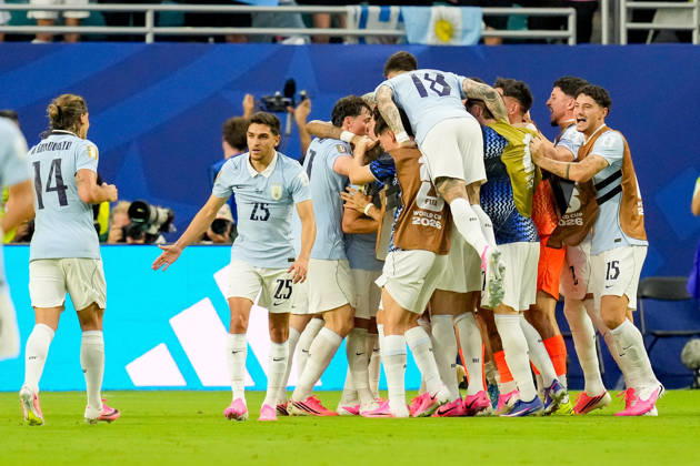 Maxi Araujo of Uruguay celebrates after scoring his teams first goal with his teammates during the 2026 FIFA World Cup Group H match between Saudi Arabia and Uruguay at Miami Stadium on June 15, 2026, in Miami, United States. Photo by Alex Gottschalk, DeFodi Images,detected_source_language
