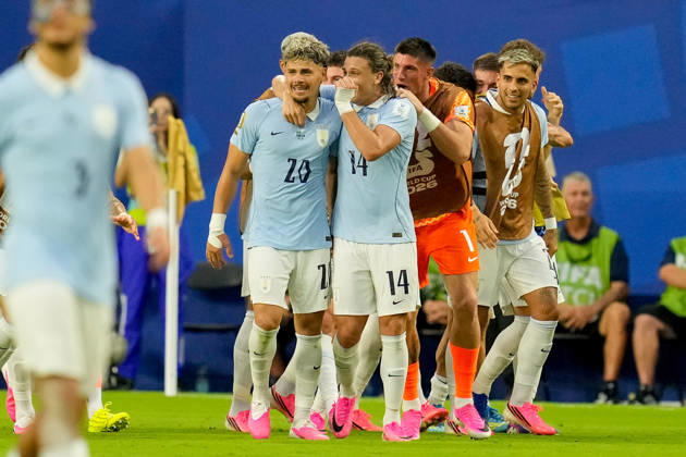 Maxi Araujo of Uruguay celebrates after scoring his teams first goal with his teammates during the 2026 FIFA World Cup Group H match between Saudi Arabia and Uruguay at Miami Stadium on June 15, 2026, in Miami, United States. Photo by Alex Gottschalk, DeFodi Images,detected_source_language