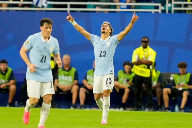 Maxi Araujo of Uruguay celebrates after scoring his teams first goal during the 2026 FIFA World Cup Group H match between Saudi Arabia and Uruguay at Miami Stadium on June 15, 2026, in Miami, United States. Photo by Alex Gottschalk, DeFodi Images,detected_source_language