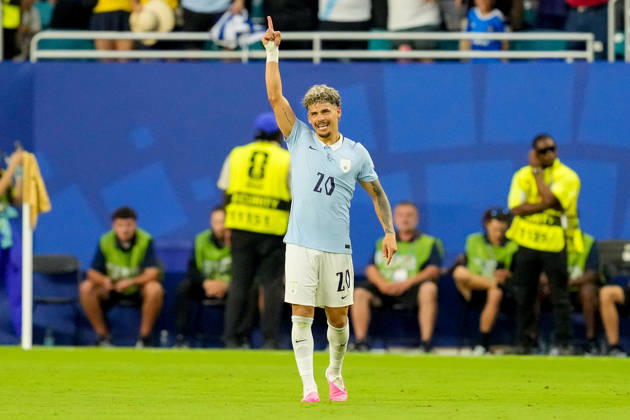 Maxi Araujo of Uruguay celebrates after scoring his teams first goal during the 2026 FIFA World Cup Group H match between Saudi Arabia and Uruguay at Miami Stadium on June 15, 2026, in Miami, United States. Photo by Alex Gottschalk, DeFodi Images,detected_source_language