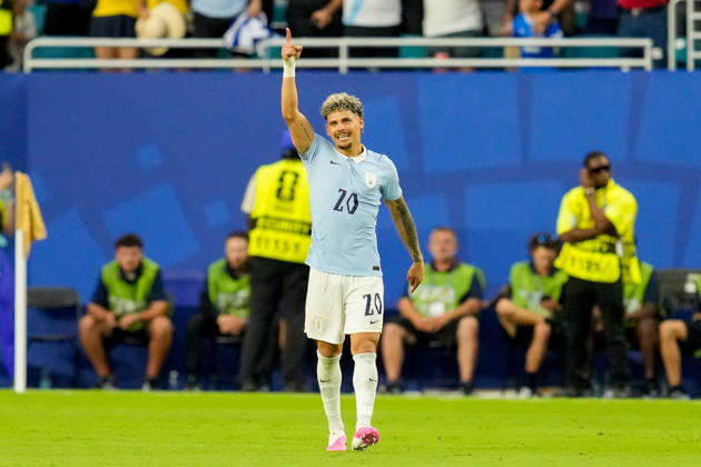 Maxi Araujo of Uruguay celebrates after scoring his teams first goal during the 2026 FIFA World Cup Group H match between Saudi Arabia and Uruguay at Miami Stadium on June 15, 2026, in Miami, United States. Photo by Alex Gottschalk, DeFodi Images,detected_source_language