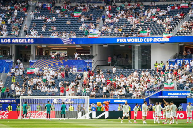 USA Soccer 2026 FIFA World Cup Group Stage Group G Iran vs. New Zealand SoFi Stadium, Inglewood, Los Angeles County, California Fans from the Iranian diaspora display historic Iranian flags featuring the lion and sun, as well as the Israeli national flag with the Star of David symbol, during the pitch inspection ahead of the 2026 FIFA World Cup group stage match between Iran and New Zealand at SoFi Stadium,detected_source_language Copyright: xJOERANxSTEINSIEKx