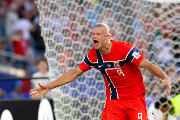 June 16, 2026; Foxborough, Massachusetts, USA; Norway forward Erling Haaland (9) celebrates a goal in a FIFA World Cup, WM, Weltmeisterschaft, Fussball 2026 Group I match between Iraq and Norway at Boston Stadium. (c) CSM - ZUMAc04_ 20260616_zma_c04_024 Copyright: xBurtxGranofskyx