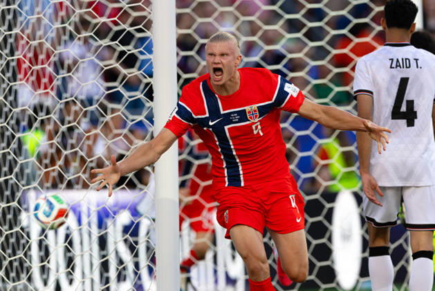June 16, 2026; Foxborough, Massachusetts, USA; Norway forward ERLING HAALAND (9) celebrates a goal in a FIFA World Cup, WM, Weltmeisterschaft, Fussball 2026 Group I match between Iraq and Norway at Boston Stadium. Norway won 4:1. USA - ZUMAc04_ 20260616_zma_c04_029 Copyright: xBurtxGranofskyx