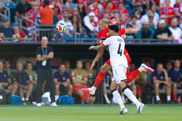 June 16, 2026; Foxborough, Massachusetts, USA; Norway forward Erling Haaland (9) gets by Iraq defender Zaid Tahseen (4) in a FIFA World Cup, WM, Weltmeisterschaft, Fussball 2026 Group I match between Iraq and Norway at Boston Stadium. (c) CSM - ZUMAc04_ 20260616_zma_c04_128 Copyright: xBurtxGranofskyx