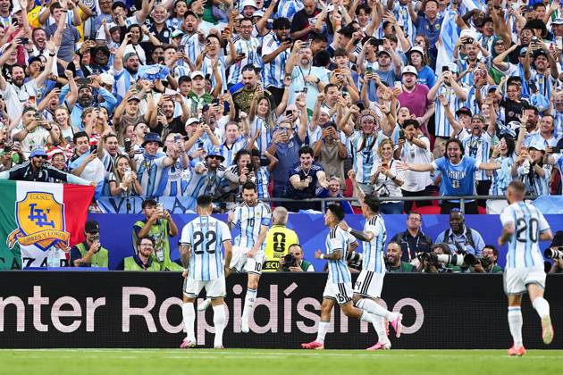 Football: 2026 World Cup Argentina s Lionel Messi (2nd from L) reacts after scoring the opening goal in the first half of a World Cup Group J football match against Algeria at Kansas City Stadium in Kansas City, Missouri, on June 16, 2026.  A14AA0005619111P