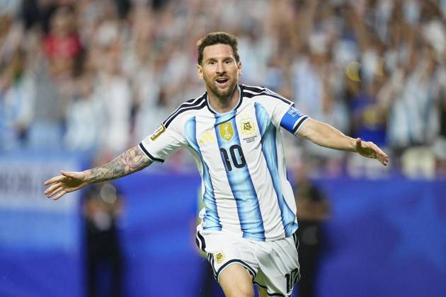Football: 2026 World Cup Argentina s Lionel Messi reacts after scoring his second goal in the second half of a World Cup Group J football match against Algeria at Kansas City Stadium in Kansas City, Missouri, on June 16, 2026.  A14AA0005619118P