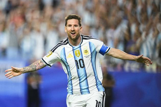 Football: 2026 World Cup Argentina s Lionel Messi reacts after scoring his second goal in the second half of a World Cup Group J football match against Algeria at Kansas City Stadium in Kansas City, Missouri, on June 16, 2026.  A14AA0005619120P