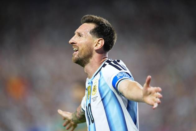 Football: 2026 World Cup Argentina s Lionel Messi reacts after scoring his second goal in the second half of a World Cup Group J football match against Algeria at Kansas City Stadium in Kansas City, Missouri, on June 16, 2026.  A14AA0005619122P