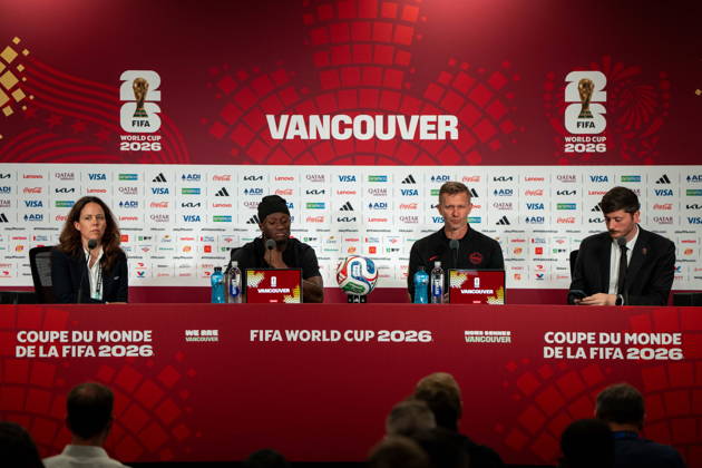 June 17, 2026, Vancouver, Bc, CANADA: Canada s head coach Jesse Marsch, third from the left, speaks beside Ismael Kone, second left during a FIFA World Cup, WM, Weltmeisterschaft, Fussball press conference, PK, Pressekonferenz in Vancouver, on Wednesday, June 17, 2026. Canada News - June 17, 2026 - ZUMAc35_ 20260617_zaf_c35_274 Copyright: xEthanxCairnsx