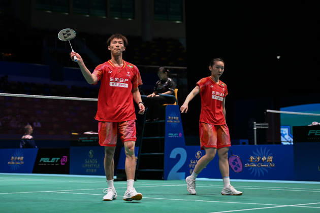 MACAO, CHINA - JUNE 19: Jiang Zhenbang and Wei Yaxin of China react in the Mixed Doubles Quarterfinal match against Li Hongyi and Huang Kexin of China on day 4 of Macao Open Badminton 2026 at Macao East Asian Games Dome on June 19, 2026 in Macau, China.  Copyright: xVCGx 111649290078