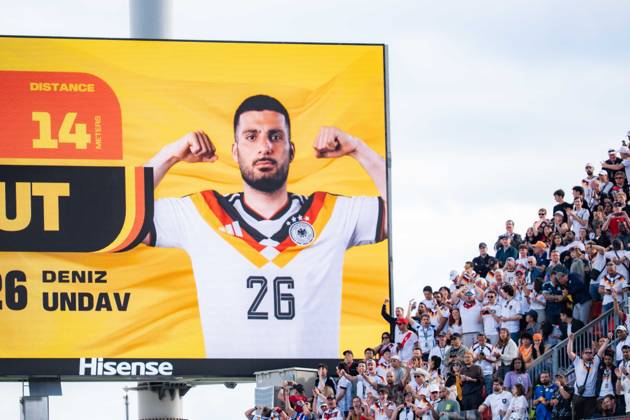2026 FIFA World Cup, Group E, Match 2, Germany vs. Ivory Coast, June 20, 2026, at Toronto Stadium, Toronto. Deniz Undav of Germany scores, bringing the score to 2–1 on the stadium scoreboard.,detected_source_language Copyright: xBahhoxKarax