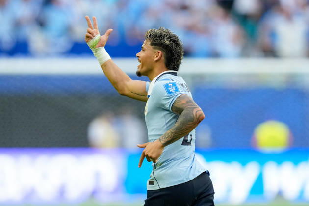 Maxi Araujo of Uruguay celebrates after scoring his teams first goal during the 2026 FIFA World Cup Group H match between Uruguay and Cabo Verde at Miami Stadium on June 21, 2026, in Miami, United States. Photo by Alex Gottschalk, DeFodi Images,detected_source_language