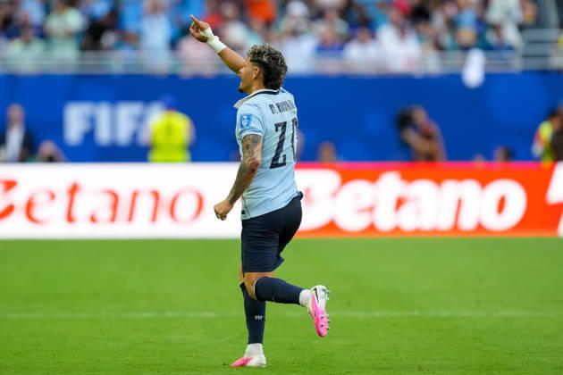Maxi Araujo of Uruguay celebrates after scoring his teams first goal during the 2026 FIFA World Cup Group H match between Uruguay and Cabo Verde at Miami Stadium on June 21, 2026, in Miami, United States. Photo by Alex Gottschalk, DeFodi Images,detected_source_language
