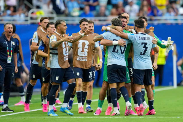 Maxi Araujo of Uruguay celebrates after scoring his teams first goal with his teammates during the 2026 FIFA World Cup Group H match between Uruguay and Cabo Verde at Miami Stadium on June 21, 2026, in Miami, United States. Photo by Alex Gottschalk, DeFodi Images,detected_source_language