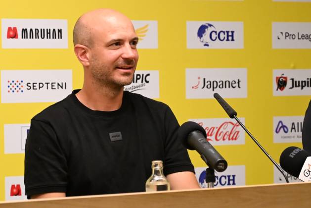 STVV s head coach Frederic De Meyer pictured during a press conference, PK, Pressekonferenz of Belgian first division soccer team Sint-Truiden VV, on Friday 26 June 2026 in Sint-Truiden, in preparation of the upcoming 2026-2027 Belgian first division soccer season. JILLxDELSAUX x179366514x