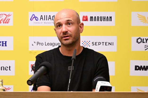 STVV s head coach Frederic De Meyer pictured during a press conference, PK, Pressekonferenz of Belgian first division soccer team Sint-Truiden VV, on Friday 26 June 2026 in Sint-Truiden, in preparation of the upcoming 2026-2027 Belgian first division soccer season. JILLxDELSAUX x179367437x