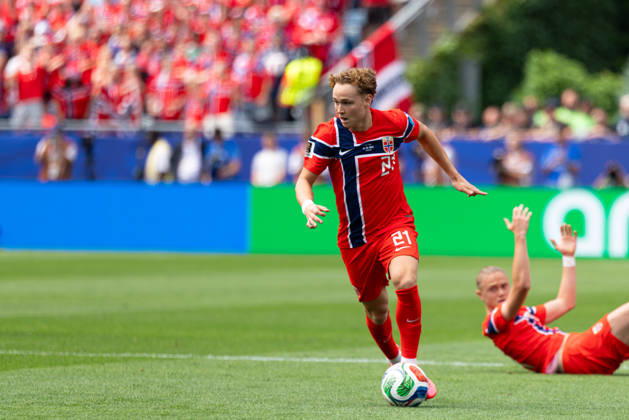 June 26, 2026; Foxborough, Massachusetts, USA; Norway forward Andreas Schjelderup (21) drives the ball forward in a FIFA World Cup, WM, Weltmeisterschaft, Fussball 2026 Group I match between Norway and France at Boston Stadium. (c) CSM - ZUMAc04_ 20260626_zma_c04_185 Copyright: xBurtxGranofskyx