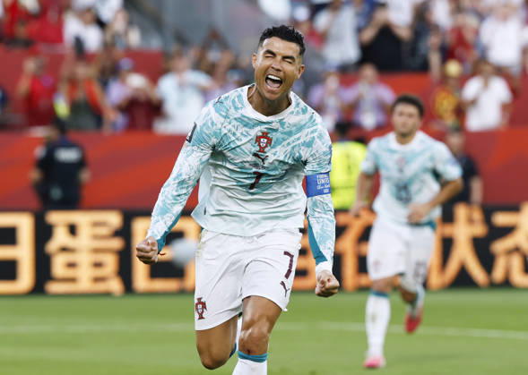Football: 2026 World Cup Portugal s Cristiano Ronaldo celebrates scoring his team s first goal from a penalty kick in the second half of a World Cup round of 32 football match against Croatia at Toronto Stadium in Toronto on July 2, 2026.  A14AA0005621432P