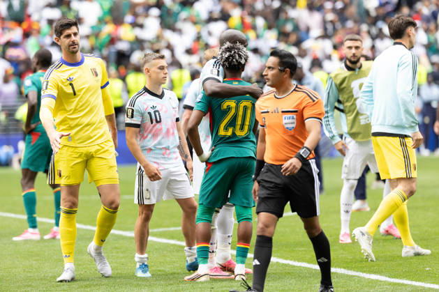 July 1, 2026, Seattle, Washington, USA: Senegal forward Ibrahim Mbaye (20) and Belgium forward Romelu Lukaku (9) huge by Belgium goalkeeper Thibaut Courtois (1) Belgium forward Leandro Trossard (10) and FIFa Referee at the end of the game Belgium national team, Nationalteam vs Senegal National Team for the FIFA World Cup, WM, Weltmeisterschaft, Fussball match, for the Round of 32 at Seattle Stadium. Belgium National Team Vs Senegal National Team - ZUMAl181 20260701_zsp_l181_326 Copyright: xMelissaxLevinx