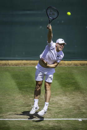 RECORD DATE NOT STATED 3rd July 2026; All England Lawn Tennis and Croquet Club, London, England; Wimbledon Tennis Tournament, Day Five; Harri Heliovaara (FIN) serves in his second round match with Henry Patten (GBR) against Mac Kiger (USA) and Patrik Trhac (USA) GodfreyxPitt