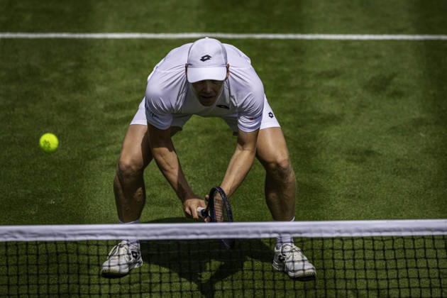 RECORD DATE NOT STATED 3rd July 2026; All England Lawn Tennis and Croquet Club, London, England; Wimbledon Tennis Tournament, Day Five; Harri Heliovaara (FIN) in action with Henry Patten (GBR) in their second round match against Mac Kiger (USA) and Patrik Trhac (USA) GodfreyxPitt