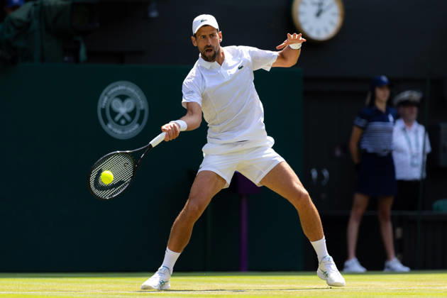 Novak Djokovic (SRB) in action during his match against Arthur Rinderknech (FRA) in the 2026 Wimbledon Championships at the AELTC London London All England Lawn Tennis and Croquet Club Wimbledon England, UK NEWSPAPERS OUT Copyright: xImmyxThompson-Bland IPSxPhotoxAgencyx