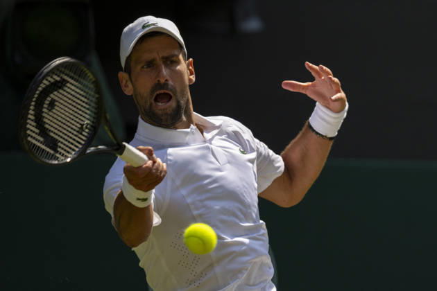 (260704) -- LONDON, July 4, 2026 -- Novak Djokovic of Serbia returns the ball during the men s singles third round match against Arthur Rinderknech of France at the Wimbledon Tennis Championships in London, Britain, on July 3, 2026. (Photo by Xinhua) (SP)BRITAIN-LONDON-TENNIS-WIMBLEDON-MEN S SINGLES StephenxChung 