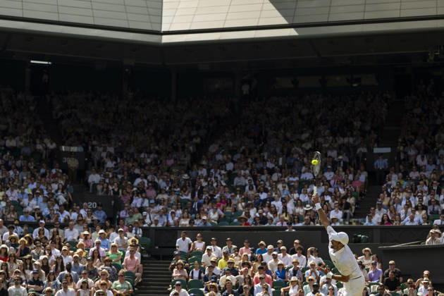 (260704) -- LONDON, July 4, 2026 -- Novak Djokovic of Serbia serves during the men s singles third round match against Arthur Rinderknech of France at the Wimbledon Tennis Championships in London, Britain, on July 3, 2026. (Photo by Xinhua) (SP)BRITAIN-LONDON-TENNIS-WIMBLEDON-MEN S SINGLES StephenxChung 