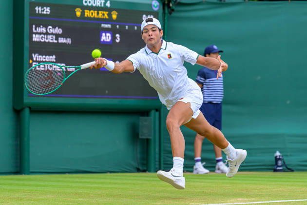 Day Six: The Championships - Wimbledon 2026 LONDON, ENGLAND JULY 04 - Luis Guto Miguel of Brazil during Boy?s Single First Round against Vincent Fletcher of Great Britain at The Wimbledon Lawn Tennis Championship at Wimbledon on July 04, 2026 in London, England. (Photo by Keeran Marquis) Copyright: xKeeranxMarquis Fotoarena SPPx Sportspressphoto_SPR184610
