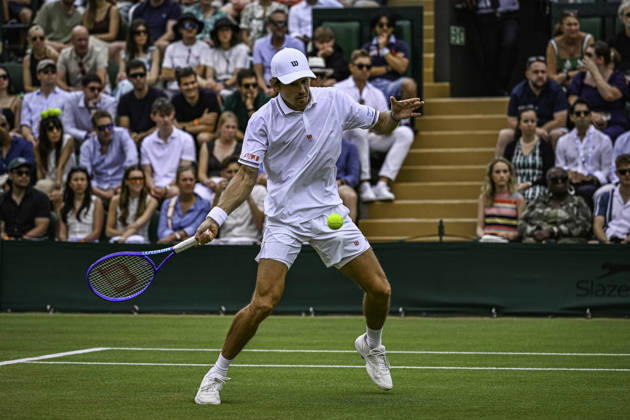 RECORD DATE NOT STATED 4th July 2026; All England Lawn Tennis and Croquet Club, London, England; Wimbledon Tennis Tournament, Day Six; Alex De Minaur (AUS) plays a forehand in his third round match against Zachary Svajda (USA) GodfreyxPitt