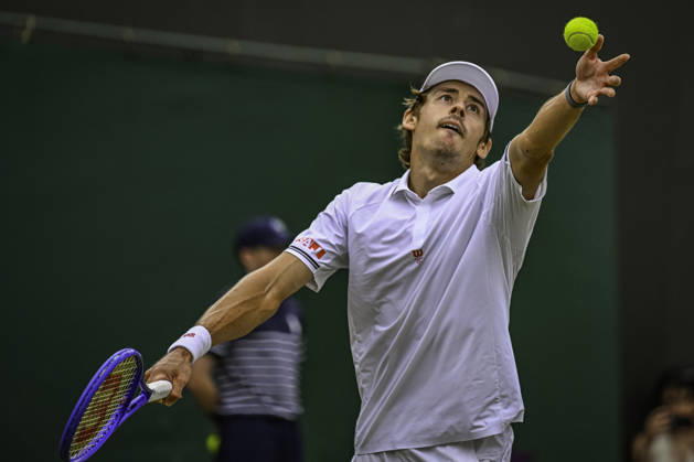 RECORD DATE NOT STATED 4th July 2026; All England Lawn Tennis and Croquet Club, London, England; Wimbledon Tennis Tournament, Day Six; Alex De Minaur (AUS) serves in his third round match against Zachary Svajda (USA) GodfreyxPitt