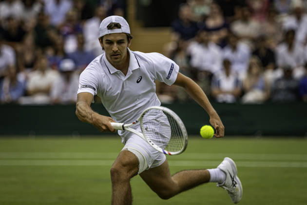 RECORD DATE NOT STATED 4th July 2026; All England Lawn Tennis and Croquet Club, London, England; Wimbledon Tennis Tournament, Day Six; Zachary Svajda (USA) plays a forehand in his third round match against Alex De Minaur (AUS) GodfreyxPitt