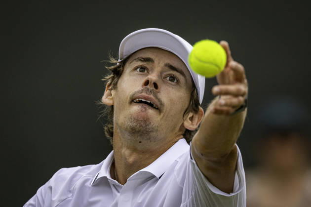 RECORD DATE NOT STATED 4th July 2026; All England Lawn Tennis and Croquet Club, London, England; Wimbledon Tennis Tournament, Day Six; Alex De Minaur (AUS) serves in his third round match against Zachary Svajda (USA) GodfreyxPitt