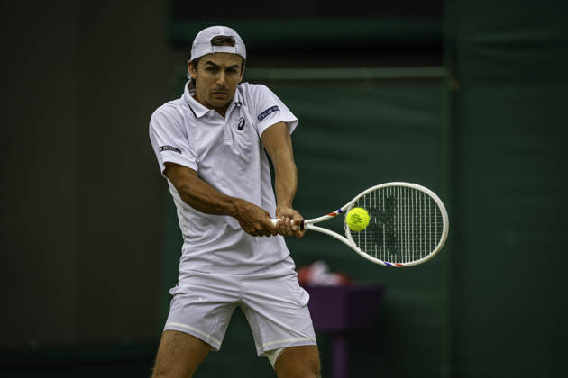 RECORD DATE NOT STATED 4th July 2026; All England Lawn Tennis and Croquet Club, London, England; Wimbledon Tennis Tournament, Day Six; Zachary Svajda (USA) plays a backhand in his third round match against Alex De Minaur (AUS) GodfreyxPitt