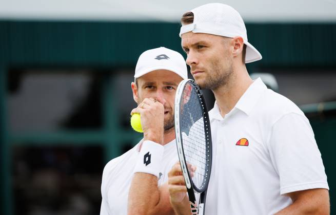 Belgian Sander Gille and Dutch Sem Verbeek pictured during a doubles tennis match between Argentinian-Spain pair Zeballos - Granollers and Belgian-Dutch pair Gille-Verbeek, in the second round of the Men s doubles at the Wimbledon grand slam tennis tournament in London, Britain, Saturday 04 July 2026. BENOITxDOPPAGNE  x180331529x