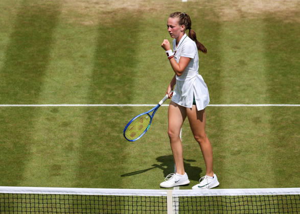 Mika Stojsavljevic (GBR) pumps her fist and celebrates; celebration, emotion, Girls Singles, Girls Singles Tennis, Wimbledon 2026, Grand Slam, ITF, ATP, WTA, AELTC, London, Great Britain, July 6, 2026 Copyright: xJuergenxHasenkopfx