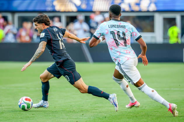 July 6, 2026, Seattle, Washington, USA: United States of America forward Christian Pulisic (10) and Belgium midfielder Dodi Lukebakio (14) during the match between USA and Belgium in the World Cup 2026 at Seattle Stadium, Seattle, Washington Seattle USA - ZUMAj111 20260706_zsp_j111_028 Copyright: xTomxJonesx
