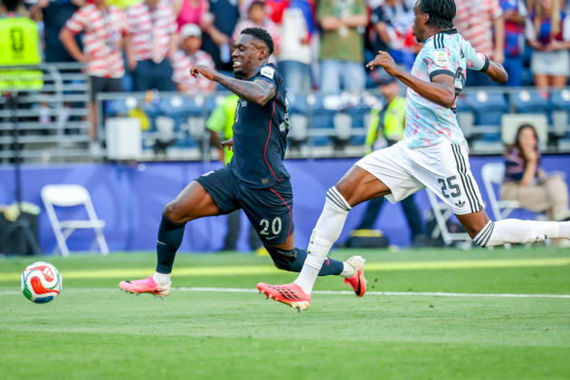 July 6, 2026, Seattle, Washington, USA: United States of America forward Folarin Balogun (20) and Belgium defender Nathan Ngoy (25) during the match between USA and Belgium in the World Cup 2026 at Seattle Stadium, Seattle, Washington Seattle USA - ZUMAj111 20260706_zsp_j111_041 Copyright: xTomxJonesx