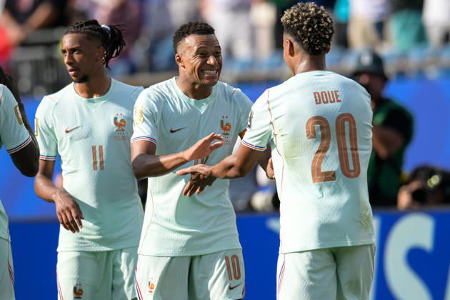 Soccer, 2026 World Cup, 20260709, France vs. Morocco. Pictured: Goal 1-0, goal celebration; from left: goal scorer Kylian Mbappé (France), No. 10; Désiré Doué (France), No. 20; Foxborough, Boston Stadium, Massachusetts, United States of America Copyright: Passion2Press MarkusxFischerx