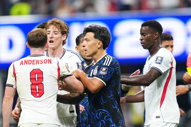 England v Argentina - FIFA World Cup, WM, Weltmeisterschaft, Fussball 2026 - Semi Finals ATLANTA, GEORGIA - JULY 15: Argentina’s Nahuel Molina is involved in a confrontation with England’s Elliot Anderson (8), Archie Gray and Marc Guehi during the 2026 FIFA World Cup semifinal match between England and Argentina at Atlanta Stadium in Atlanta, Georgia, United States, on July 15, 2026. Evrim Aydin Anadolu Georgia United States. Editorial use only. Please get in touch for any other usage.  Copyright: x2026xAnadoluxEvrimxAydinx