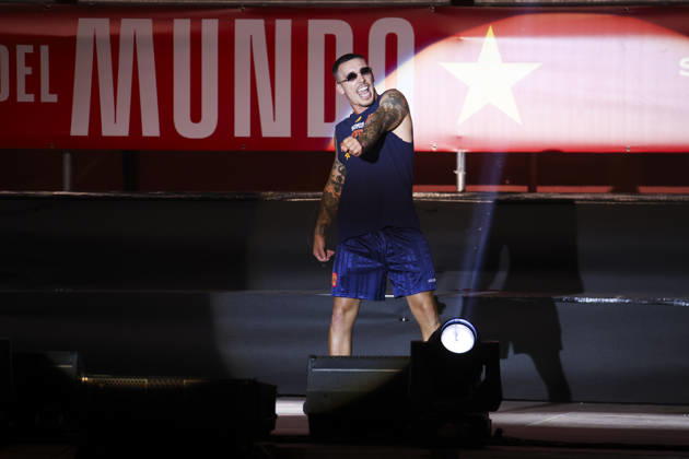 ESP Spain Celebrates 2026 World Cup Champions: Alejandro Grimaldo takes the stage at Plaza de Cibeles in Madrid, celebrating with his teammates after winning the World Cup Madrid Madrid Spain Copyright: xAlejandroxMatiasx